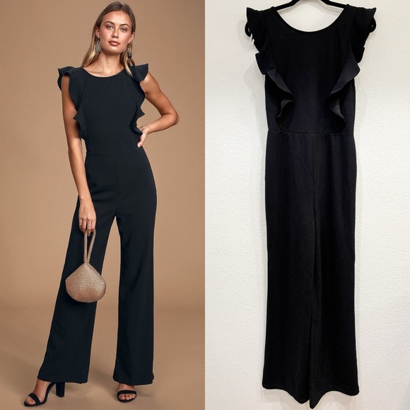 Lulus Pants - Sz M NWOT Lulus Feel‎ Your Love Black Ruffled Wide-Leg Jumpsuit